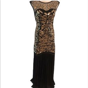 Vintage Inspired Formal Sequins Black & Gold Sheer Bottom Trumpet Gown Size M